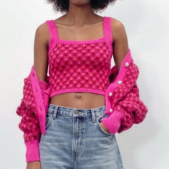 NWT Zara Pink Check Knit Wool Blend Crop Top Size S - Picture 2 of 12